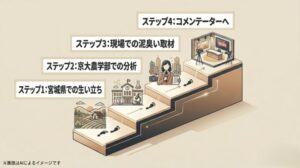 宮城県での生い立ちから京大農学部、泥臭い現場取材を経てコメンテーターへ至る玉川氏の経歴を4つのステップで示した図解