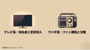テレビ（知名度と安定）とラジオ（ファン開拓とリスク分散）の役割の違いを比較したイラストスライド