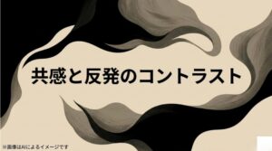 明るい背景と暗い背景の対比で、視聴者の感情が二極化する様子を表現したイメージ図