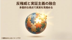 パズルで構成された地球儀のイメージと共に、反権威と実証主義が融合して真実に迫ることを示すスライド