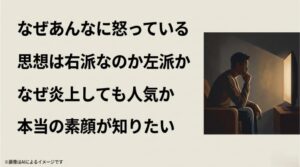 テレビを見る人物のシルエットと共に「なぜ怒るのか」「右派か左派か」といった世間の疑問をまとめたスライド