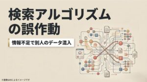 複雑に絡み合う線とデータアイコンを用いて、情報の空白地帯で別人のデータが混入する様子を表現した図解