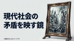 鏡の中に映る複雑な表情を通して、橋下氏の存在が社会のパラドックスであることを示唆するアーティスティックな画像