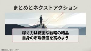 頂点を目指すビジネスパーソンのシルエットと、自身の市場価値を高めることを促す最終スライド