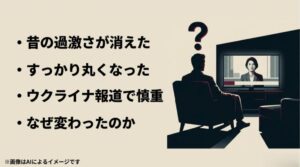 テレビ画面のコメンテーターを見ながら疑問符を浮かべる男性のシルエットと、世間が感じる「丸くなった」等の変化のポイントをまとめたスライド