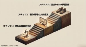 理系的分析、制作現場の感覚、現場回帰という玉川徹の歩みを3ステップで図解したスライド