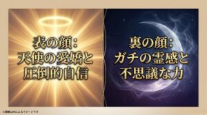 圧倒的な自信に溢れる表の顔と、不思議な力を持つ裏の顔という長浜広奈さんのギャップを示すスライド