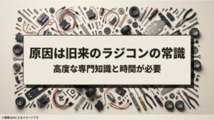 バラバラのパーツや工具が並び、組み立てに高度な知識が必要だった時代のラジコンをイメージしたスライド
