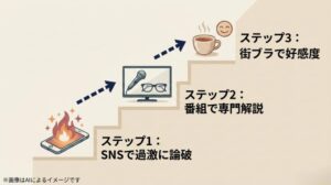 SNSでの論破から始まり、番組解説、街ブラ番組での好感度アップへと繋げる階段状の戦略マップ