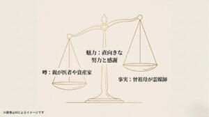 天秤のイラストを用い、親が医者という噂と、曾祖母が霊媒師という事実、そして本人の努力を対比させた図解スライド