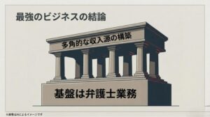 「基盤は弁護士業務」という土台の上に複数の柱が立つ、多角的な収入源の構築を説明する神殿のようなイラスト