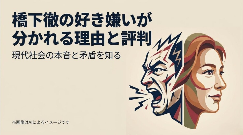 橋下徹氏の強い口調と穏やかな表情が対比された、世間の極端な評価を象徴するメインのアイキャッチ画像