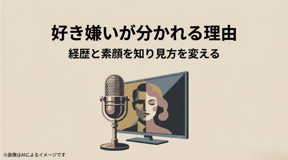 マイクとテレビ画面に映る男女のシルエットが描かれた、玉川徹の多面性を象徴するアイキャッチ画像