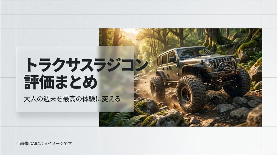 「トラクサスラジコン 評価まとめ」というタイトルと、オフロード車が描かれたワイルドで洗練されたタイトルスライド
