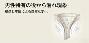 漏斗（じょうご）のイラストを用いて、男性の身体構造上避けられない「後から漏れ」の原因を解説した図解スライド