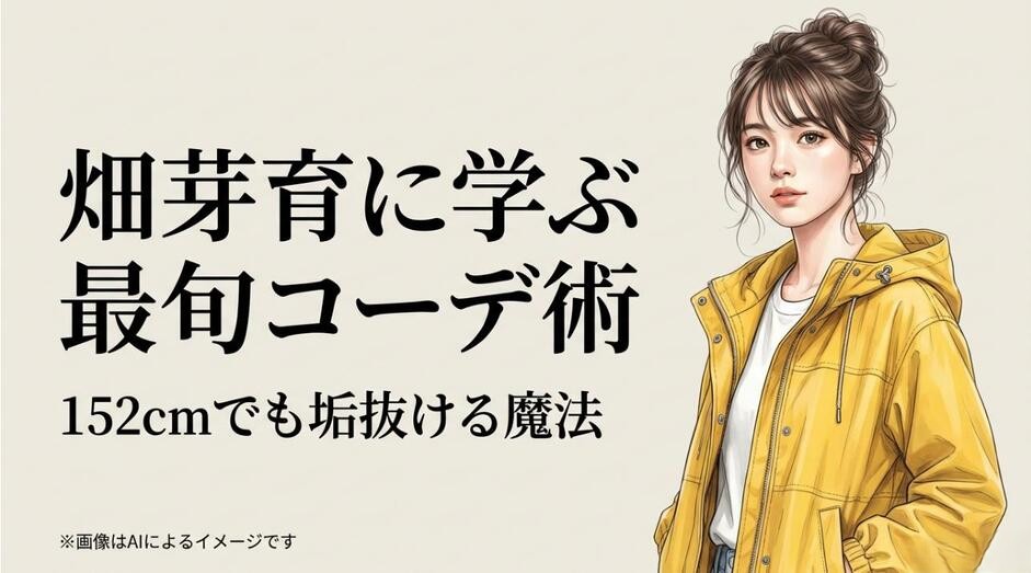 黄色いマウンテンパーカーを羽織り、髪をお団子に結った透明感のある女性のイラストと、「畑芽育に学ぶ最旬コーデ術」「152cmでも垢抜ける魔法」というタイトルのアイキャッチ画像