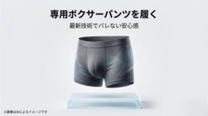 スタイリッシュな黒のボクサーパンツのイラストと、最新技術により誰にもバレずに尿染みを防げるメリットを伝えるスライド