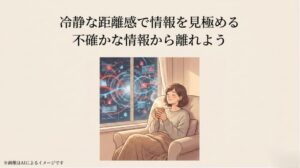 窓の外のデジタル情報の波から離れ、部屋の中で温かい飲み物を手にリラックスする女性のイラストと、「冷静な距離感で情報を見極める」、「不確かな情報から離れよう」というメッセージが書かれたスライド画像