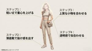 丈感で重心を上げる、薄底靴の抜け感、上質な小物、透明感の似合わせという垢抜けのための4ステップをまとめたスライド