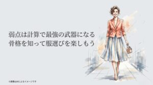 自分の骨格タイプを理解し、計算されたスタイリングで自信に満ち溢れて輝いている女性のイラスト