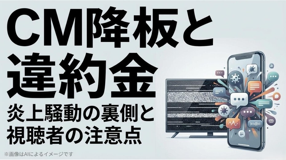 「CM降板と違約金」、「炎上騒動の裏側と視聴者の注意点」というテキストが書かれた、本記事のテーマを表すアイキャッチ画像