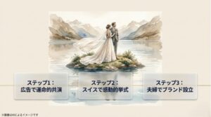 広告での共演からスイスでの感動的な結婚式、そして夫婦でのブランド設立へと至る二人の歩みを表現した美しいウェディング姿のスライド
