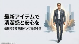 スーツを着こなす自信に満ちた男性のイラストと共に、専用パンツを活用したスマートなエイジングケアを勧めるまとめのスライド
