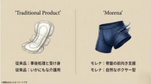 介護用のような従来品と、自然なボクサーパンツ型のモレナクリーンを、見た目とサポート性の違いで比較した図解