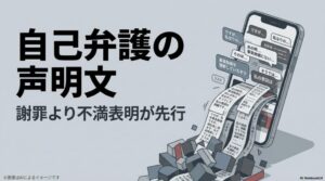 テキストが羅列されたスマートフォンの画面を背景に、「自己弁護の声明文 謝罪より不満表明が先行」というテキストで事後対応の問題点を指摘するスライド画像