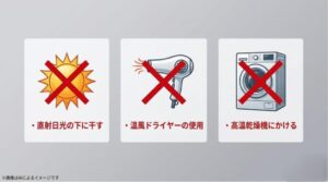 直射日光での乾燥、温風ドライヤー、高温乾燥機の使用が禁止であることを示す、赤い×印がついた警告スライド