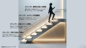 子役での長い下積み（ステップ1）から王道ヒロイン（ステップ2）、コメディ（ステップ3）、そして重厚な作品への挑戦（ステップ4）へと順を追って進化していく畑芽育の成長ロードマップが描かれたスライド