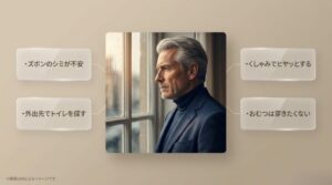 ズボンのシミへの不安や、くしゃみでのヒヤッとする瞬間、おむつへの抵抗感など、尿漏れに悩む男性の心理をまとめたスライド