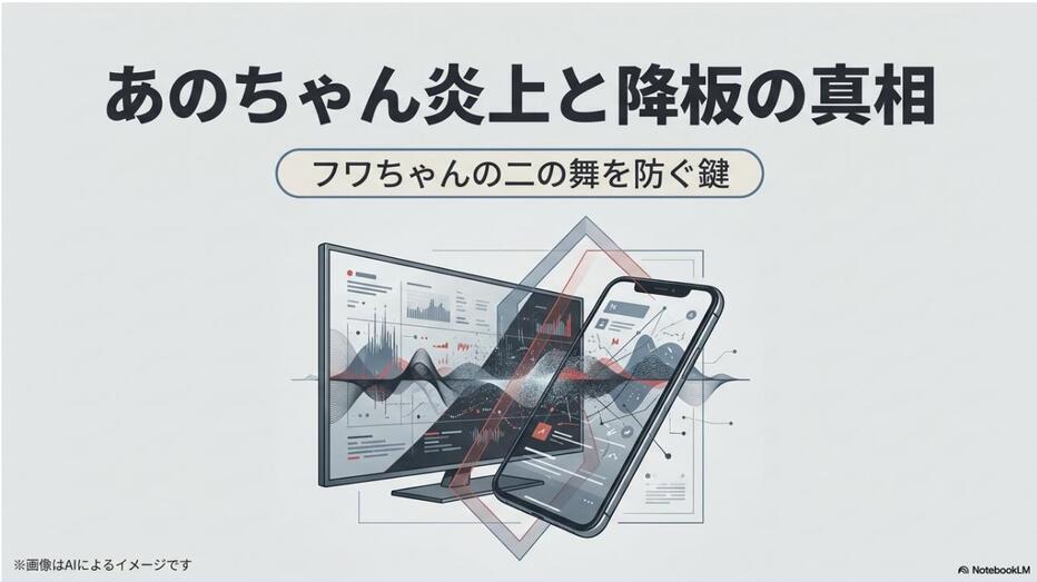 パソコンのモニターとスマートフォンにデータや波形が映し出されている、あのちゃん炎上と降板の真相を検証する記事のアイキャッチ用スライド画像