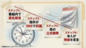 番組内での実名発言、SNSでの抗議、テレビ局の公式謝罪、本人の降板宣言という、騒動が一気に拡大した4つのステップをカレンダーや時計のイラストと共にまとめた時系列スライド