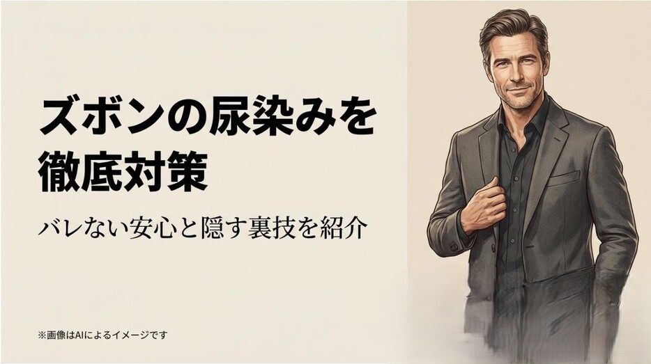 清潔感のある男性のイラストと共に、40代・50代の尿染み悩みを解決する裏技を紹介するタイトルのアイキャッチ画像