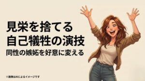 両手を大きく上げて満面の笑みを浮かべる女性の快活なイラストと、見栄を捨てる自己犠牲の演技、同性の嫉妬を好意に変える魔法について解説されたスライド