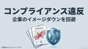 「コンプライアンス違反」、「企業のイメージダウンを回避」というテキストと、契約解除を示す「CONTRACT CANCELED」の赤いスタンプが押されたスライド画像  