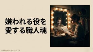 女優が楽屋の鏡に向かって真剣に台本を読み込んでおり、鏡の中に映る自分の顔が不気味な悪役の笑顔(狂気)に変わっているストイックな職人魂を表したイラスト