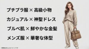 ベーシックなニットとパンツに上質なブランドバッグを合わせ、カジュアルと高級感を両立させた女性のスタイリングスライド