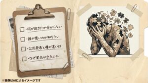 「何が起きたか分からない」「誰が悪いのか知りたい」「公式発表と噂の違いは」といった、読者が知りたがっている疑問点を箇条書きでまとめたスライド