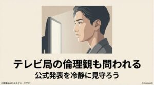 天秤を模した図形を背景に、「テレビ局の倫理観も問われる」「公式発表を冷静に見守ろう」という、視聴者が持つべき冷静な視点を示したスライド画像   