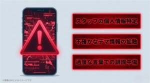 スマートフォンに赤い警告マークが表示されたイラストに、「スタッフの個人情報特定」、「不確かなデマ情報の拡散」、「過度な言葉での誹謗中傷」などの危険なNG行動が書かれたスライド画像