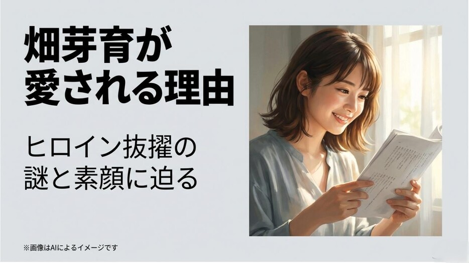 『畑芽育が愛される理由 ヒロイン抜擢の謎と素顔に迫る』というメインタイトルと、窓辺で本を読みながら微笑む女性のAIイラストが描かれたスライド
