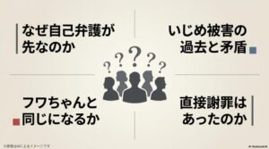 目次形式で「なぜ自己弁護が先なのか」「いじめ被害の過去と矛盾」など、今回の騒動で湧き上がった世間の4つの疑問点をリストアップしたスライド画像