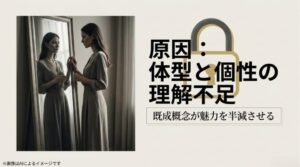 鏡に映る自分を見つめ直し、体型や個性の理解不足が既成概念を生み、魅力を半減させていることを示す解説スライド