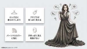 ロング丈のドレスに着られてしまい、プチプラの安見えやパーソナルカラー、子供っぽく見えることに悩む女性のイラストスライド