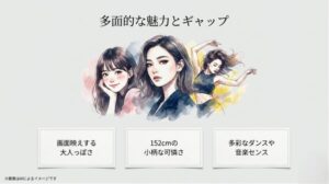 画面映えする大人っぽさ、152cmの小柄な可憐さ、多彩なダンスや音楽センスという多面的な魅力を表現した3人の女性のイラストスライド