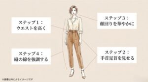 ハイウエスト、手首足首の露出、華やかな顔回り、縦の線の強調をすべて実践している洗練された女性のコーディネートイラスト