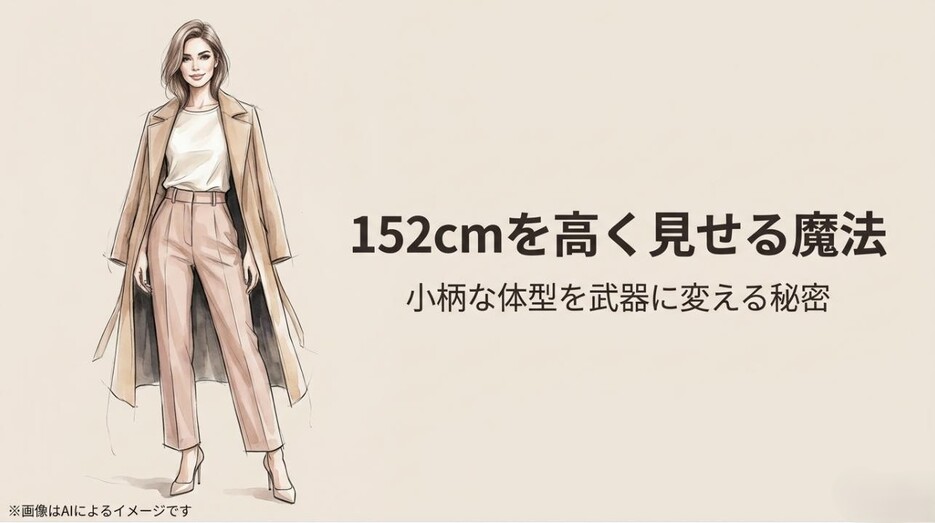 152cmの女性がロングコートとハイウエストのパンツをスタイリッシュに着こなし、背を高く見せているファッションイラスト