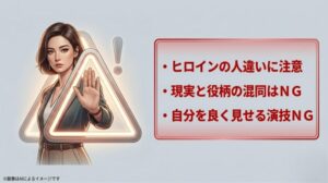 手のひらを前に出して制止するポーズの女性と、背後に浮かぶ三角形の警告マークのイラスト、ヒロインの人違いや現実と役柄の混同に注意を促すテキストが書かれたスライド